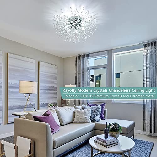 Modern Crystal Ceiling Lights for Living Room, Chrome Fireworks K9 Crystals Chandeliers Fittings, 6 G9 LED, Chandelier Ceiling Pendant Lights for Bedroom, Dining Room, Hallway
