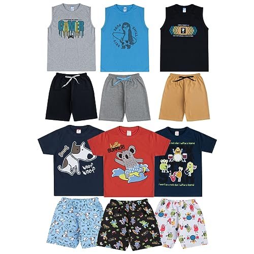 Kit Sortido 12 Peças de Roupas Infantil Menino 6 Camisetas + 6 Bermudas Kit com 6 Conjuntos de Roupa