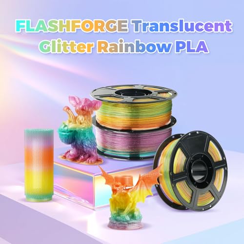 Image of FLASHFORGE Translucent Glitter PLA Crystal Rainbow Candy Filament, Shiny Sparkling Gradient 3D Printer Filament, Fast Color Change Between Yellow Pink Blue Green, Adjustable Transparency