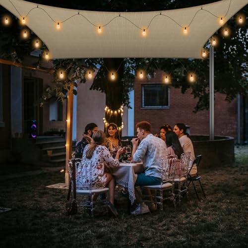 Brillihood Sun Shade Sail with LED G40 String Lights, 8‘ x 12' Rectangle Beige Shade Cloth, 95-98% UV Protection, Ideal for Patio, Garden, Backyard - Easy to Install with Innovative Hooks
