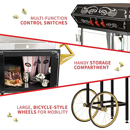Image of Funtime Sideshow Style 8oz. Black & Gold Hot Oil Popcorn Machine with Cart and Starter Kit