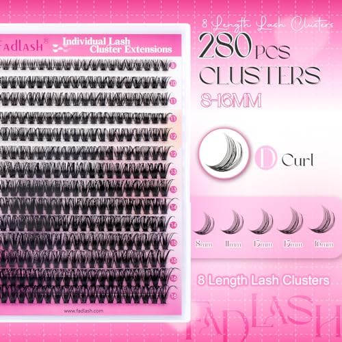 Cluster Lashes D Curl Lash Clusters 280 Pcs Lash Extension Clusters Individual Lashes Soft DIY Eyelash Extensions Mixed Tray Eyelash Clusters Natural Look (60D-0.07D, 8-16mm) - 1