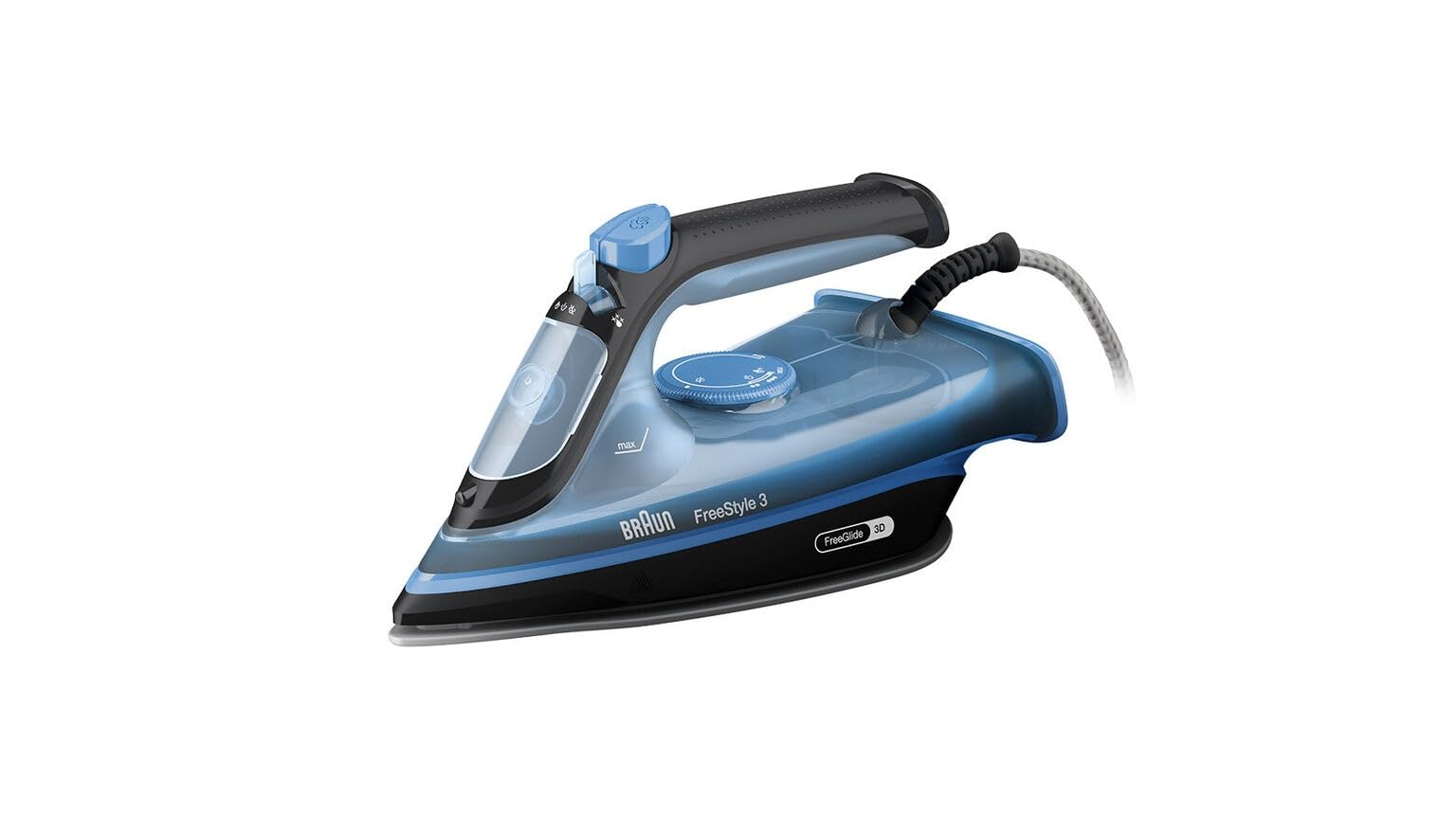 Braun FreeStyle 3 FI3194BK Dampfbügeleisen mit Präzisionsspitze, FreeGlide 3D Technologie, 200 g/min Dampfstoß, SuperCeramic Sohle, Automatische Abschaltung, 270 ml Tank, 2400W, Schwarz/Blau