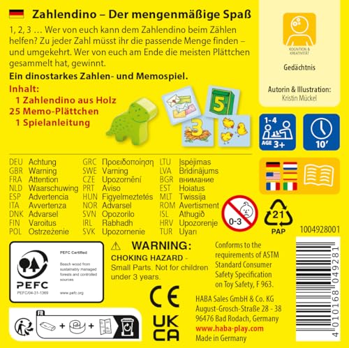 HABA Zahlendino – Zahlen- und Memospiel zum Rechnen- und Mengenlernen für Kinder von 3-8 Jahren, inklusive Variante für 1 Spieler – 1004928001