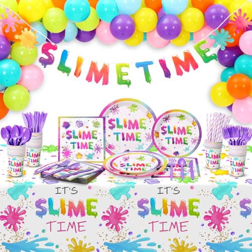 Tingjoo 213 Pcs Slime Party Decorations Include Balloons Banner Tablecloth Plates Napkins Cups and Cutlery Set for Birthday Art Painting Slime Time Splatter Splash Supplies Party Decors Serves 25