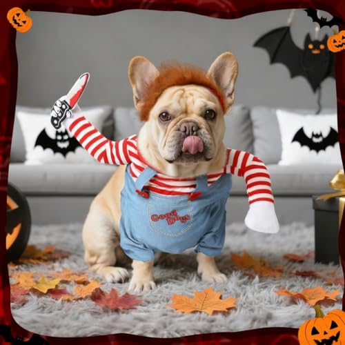 OIXEYA Hundekostüme für Hunde Wig and Knife, Lustige Chucky Hundekleidung Puppe Halloween Karneval Cosplay Kostüm (S)