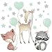 Pandawal Wandtattoo Waldtiere mit Luftballon Sterne Tiere Wandaufkleber Kinderzimmer Deko Wandbilder Baby Reh Fuchs Waschbär Mint