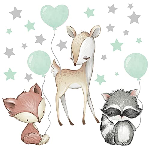 Pandawal Wall Tattoo Forest Animals with Balloon Stars Animals Wall Sticker Nursery Decoration Murals Baby Deer Fox Raccoon Mint