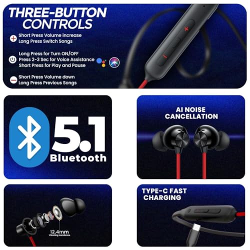 Image of One.Plus Compatible Bullets Z2 Bluetooth Wireless in Ear Earphones with Mic, Bombastic Bass, 10 Mins Charge - 20 Hrs Music, 30 Hrs Battery Life for OnePlus 10R, 11R, Nord CE 3