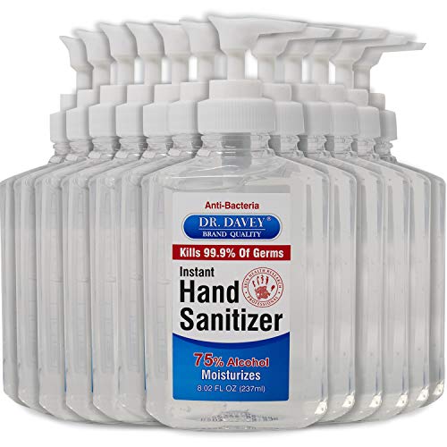 Dr. Davey Hand Sanitizer Gel, 75% Ethyl Alcohol, 12 Pack of 8oz (237ml) Pump Bottles - Aloe Vera Moisturizing, Scent Free Kills 99.9% Germs, Quick Drying