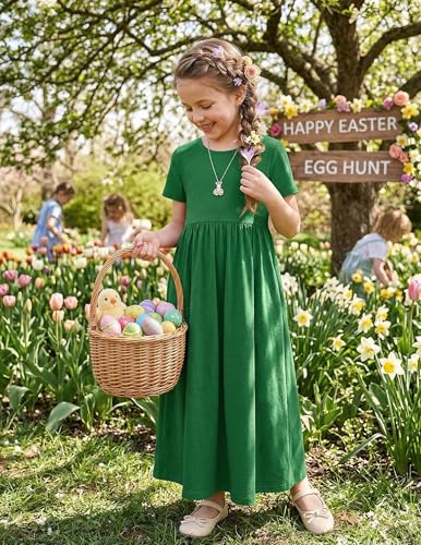 Image of Arshiner Girls Maxi Dress Long /Short Sleeve Casual Holiday Dress with Pockets for 5-13 Years