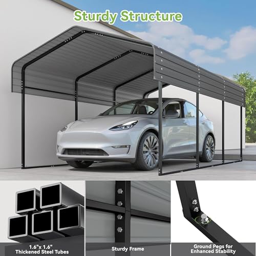 Image of Real Relax 10x15FT Heavy Duty Metal Carport, Outdoor Carport Canopy with Galvanized Steel Roof and Reinforced Base for All-Weather, Garage Shelter Shade for Trucks, Boats, Party, Gray