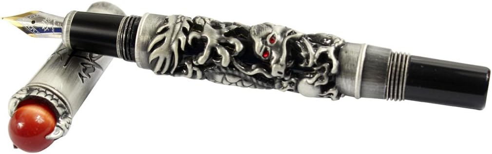 Gullor JinHao Antique Silver Dragon Style 3D Carved Fountain Pen With Red Pearl, Medium Nib, Black