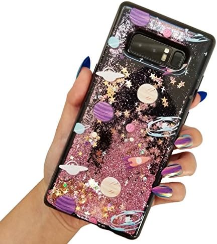 for Samsung Galaxy Note 8 Cute Black Floating Moon Stars Outer Space Liquid Waterfall Bling Glitter Soft Case