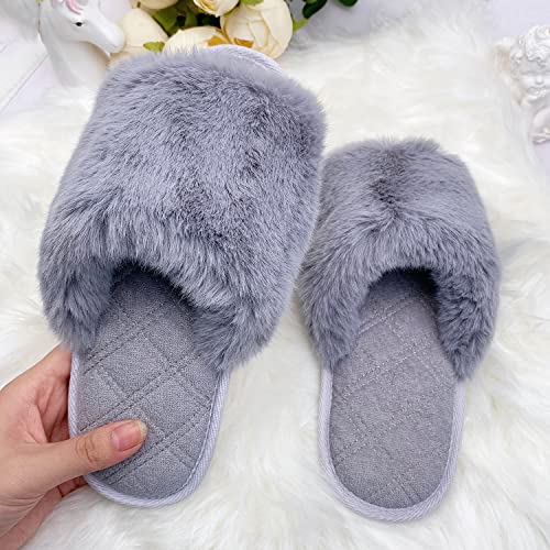 Women's Fuzzy Fur Slippers Cozy Memory Foam Slide Slippers Soft Comfy House Slippers for Women Open Toe Indoor Outdoor4