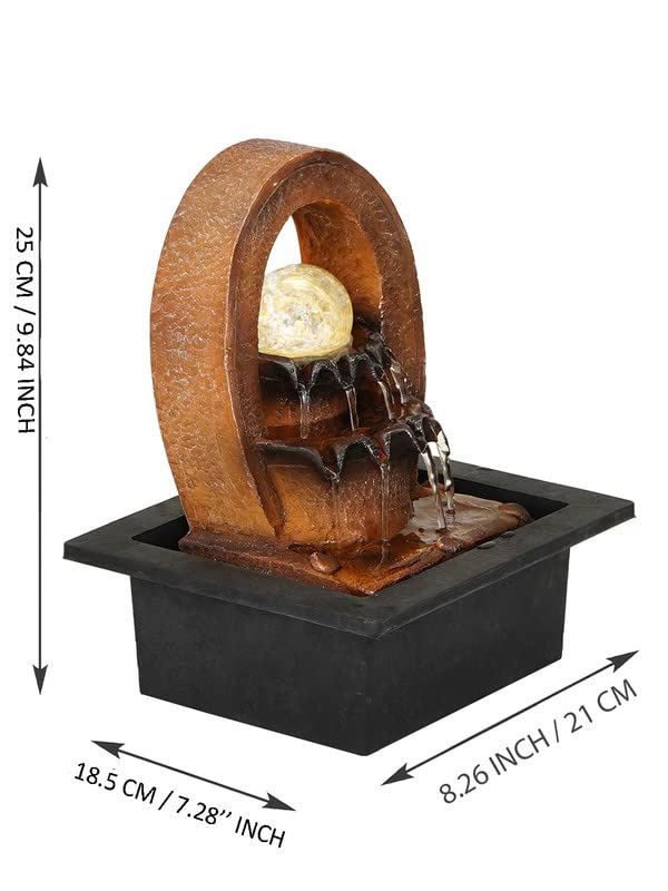Image of INDIANA CRAFT Polyresin Brown Designer Oval Table Top Indoor 2 Steps Waterfall Fountain with Yellow LED Lights, Water Flow Controller Pump and Crystal Ball (Size: 25 x 21 x 18.5CM | Weight: 1180grm)
