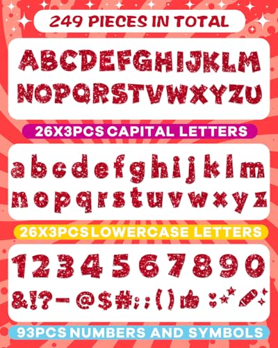 Image of 249 Pcs Glitter Bulletin Board Letters, Numbers and Punctuation 4 Inch | Cut Out Letters for Bulletin Board Decorations, Poster Board Letters Alphabet Cutouts for Classroom Wall Decor (Red)