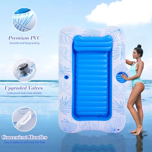 MoKo Pool Floats Adult, 82" x 50" Large Floating Bed with Ice Bar, Tanning Bed Pool Raft Inflatable Lounger with Drink Holder Tanning Chair Inflatable Pool Toys for Party Beach Backyard, Blue Leaf - Image 5