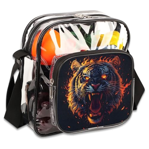 Clear Crossbody Bag Stadium Approved Tiger Transparent Bag for Festivals, Sports Events, Concerts,Beach Bag for Women Men Clear Purse with Front Pocket Messenger Bag with Adjustable Strap