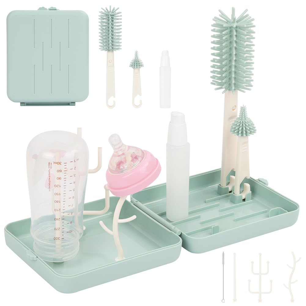 Vicloon 6 in 1 Spazzole per biberon, set da viaggio con spazzola in silicone per biberon/tettarella/cannuccia, dispenser di sapone, stendibiancheria, articoli essenziali da viaggio per neonati (Blu)