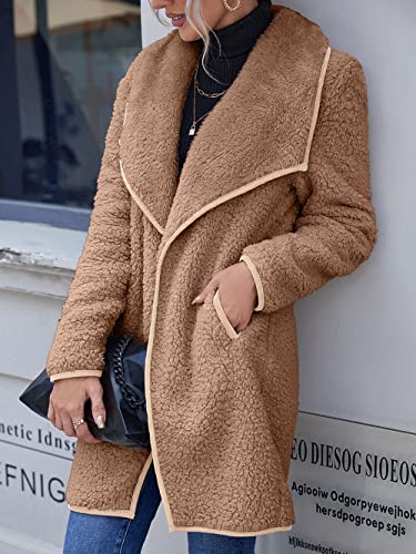 Chouyatou Women's Windproof Open Front Fuzzy Sherpa Fleece Jackets Coat Overcoat (X-Large, Khaki) #TOP3