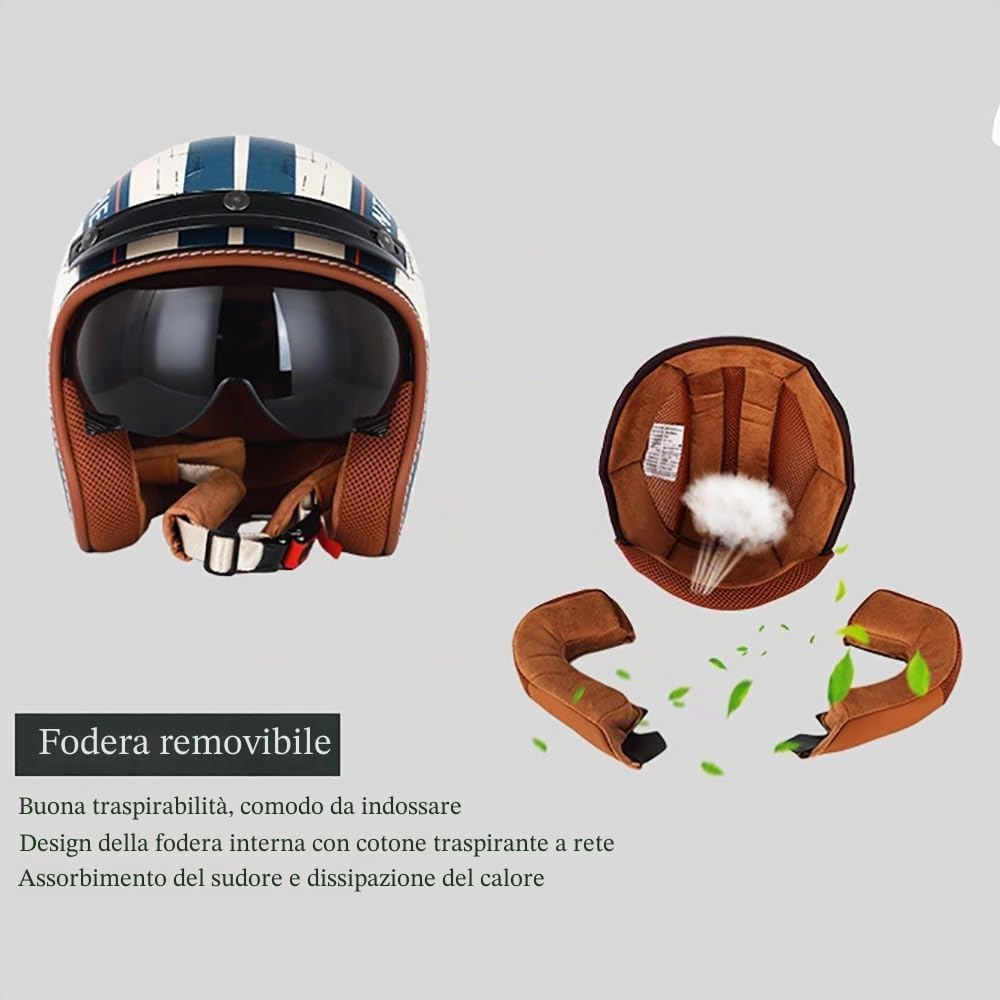 Vintage Casco Demi-Jet con Visiera, Casco Moto Aperto, 3/4 Retrò Moto Mezzo Cascos con Omologato ECE, Casco Scooter Universale Uomo e Donna (55CM~62CM)