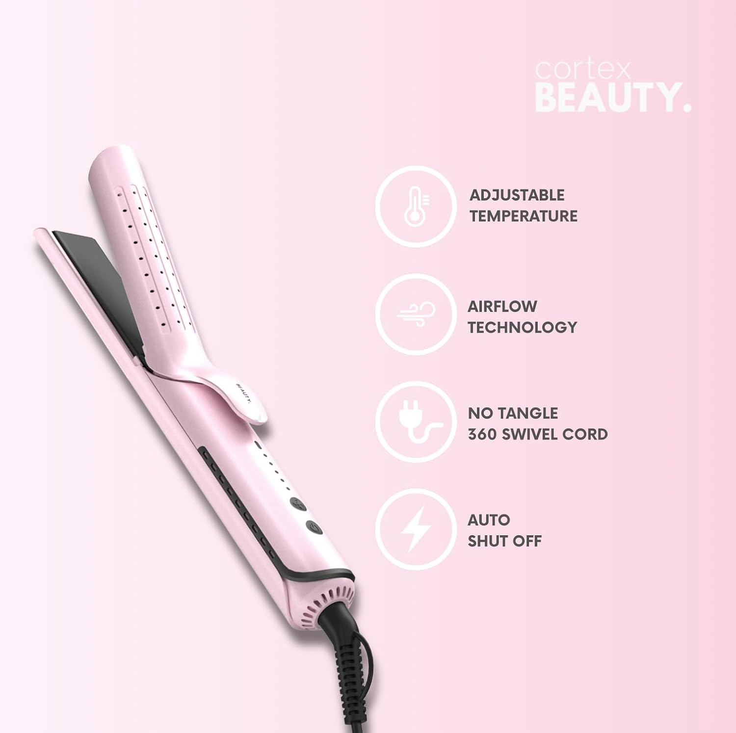 Cortex Beauty AirGlider 2-in-1 Cool Air Flat Iron & Curler | Adjustable Temp, Air Flow Tech, Dual Voltage, Auto Shut Off (Pink)