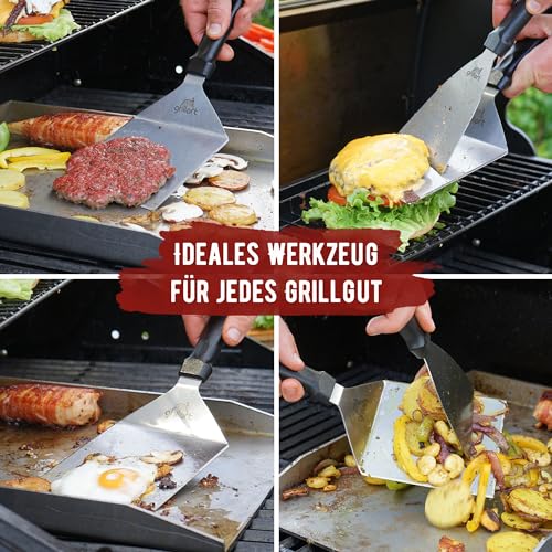 grillart® Premium Grillspachtel Set aus hochwertigem Edelstahl für Smashed Burger inkl. 30 Stk Burgerpapier – Grillspachtel für Plancha & Teppanyaki – Grillwender aus Edelstahl – ideale Grillzubehör