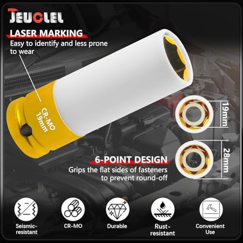 Image of 19mm 1 /2 inchDrive Wheel Protector Impact Socket, Lug Nut Impact Socket | 6 Point, Non-Marring, Thin Wall, Deep Socket, Wheel Protector, Protective Socket, Color-Coded, Cr-Mo Steel, Hand Repair Tool