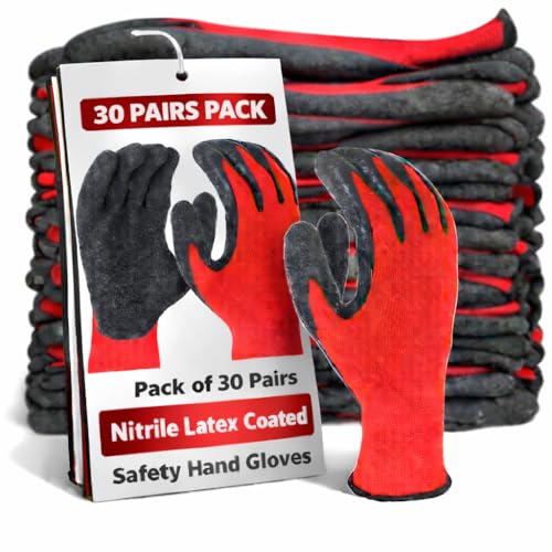 Image of Latex Coated Safety Hand Gloves for Industrial, Mechanical, Gardening, Construction & Multi-Purpose Use - Anti-Slip, Durable & Reusable - Pack of 30 Pairs, Red-Black (Latex Coated)