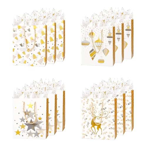 Sacs cadeaux de Noël dorés en lot de 12 avec papier de soie pour fête d'hiver