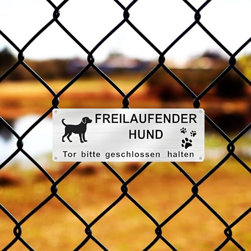 1 Stück Warnschild Hund Achtung Freilaufend, Aluminium mit Selbstklebend & Vorgebohrten Löchern, 25x9cm, Innen/Außen geeignet