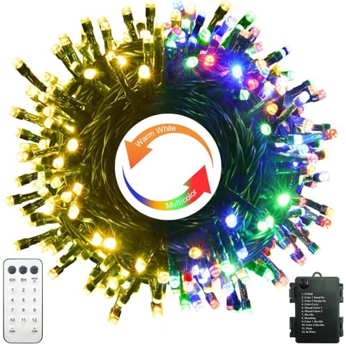 Christmas String Lights Battery Operated, Dual Color Changing 100 LED Fairy Lights 33Ft with Remote...