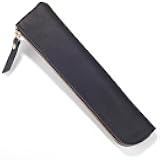 Slim Crazy Horse Genuine Leather Pencil Case Portable Zippered Pen Case Ultra Slim Soft Pen Bag Retro Minimal Cosmetic Pouch Pencil Organizer Stationery Bag for Pens Adults Xmas Gift, Black