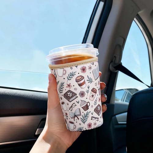 Image of Reusable Insulated Sleeve for Iced Coffee Cup, 3-Pack Coffee Neoprene Drink Sleeve for Cold & Hot Drinks, Beverage Holder for Iced Coffee (Cafe Books)