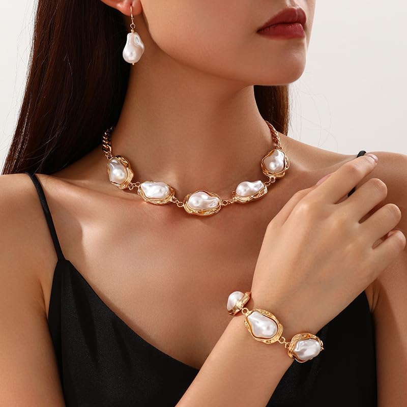 Chunky Gold Baroque Pearl Jewelry Set For Women Exquisite Adjustable Gold Irregular Geometric Pearl Choker Necklace Earring Bracelet Set Trendy Wedding Brides Bridesmaids Jewelry Set - Image 2