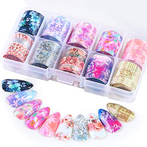 Flower Nail Art Foil Transfer Stickers 10Rolls Retro Bloom Vine Nails Supply Foils Sweet Paris Script Nail Designs Shinning Holographic Decals Set for Manicure Wraps Fingernails Toenails Decorations