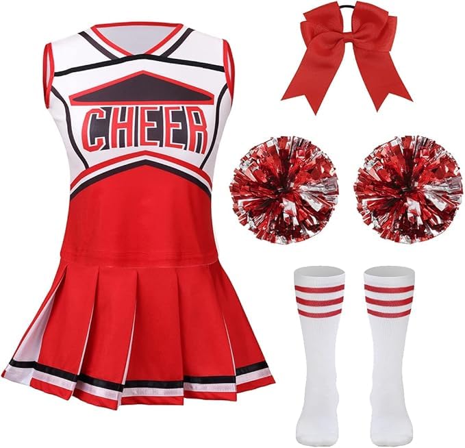 maxToonrain Girls Cheerleader Costume 5 PCS Classic Style Kids Cheerleader Outfit with Pull Ring Pom Poms, Top, Skirt