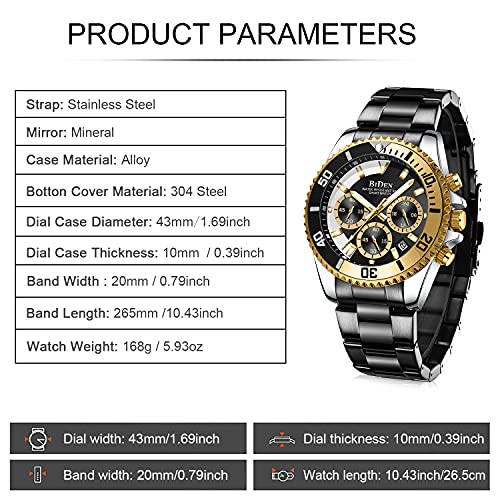 Mens Watches Chronograph Black Gold Stainless Steel Waterproof Date Analog Quartz Watch Business Casual Fashion Wrist Watches For Men #TOP6