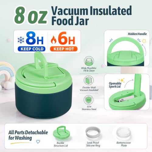 Image of MAXSO Bento Lunch Box Set for Kids with 8 oz Soup Thermo, Leakproof Hot Food Container with 4 Compartments, Insulated Food Jar for Toddler Daycare Boys Girls School - Green