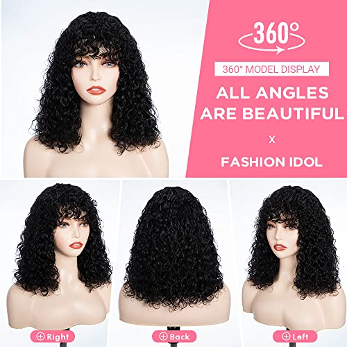 Fashion Idol Short Curly Human-Hair Wigs with Bangs 14 Inch Jerry Curl Bob Brazilian Virgin Human Hair None Lace Front Wigs for Black Women Machine Made Black - Image 2