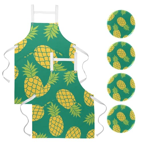 Lot de 2 tabliers de cuisine motif ananas d'été avec poches pour le service et la pâtisserie