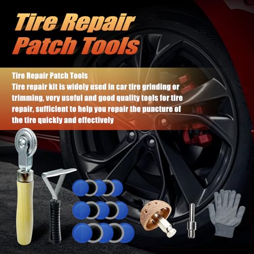 Image of 21Pcs Tire Repair Patch Tools Kit Heavy Duty, Tungsten Steel 42 mm Tire Repair Buffing Wheel with 32 /42 /58mm Tire Patches, Inner Liner Scraper, Tire Patch Roller for Car Motorcycle Bike Grinding