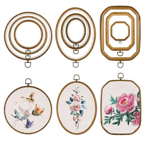 simarro 9 Pcs Large Embroidery Hoop Embroidery Frame Set , 4 Shape Decorative Imitated Wood Cross Stitch Hoop for Art Craft Sewing Circle Oval Octagonal Embroidery Hoops