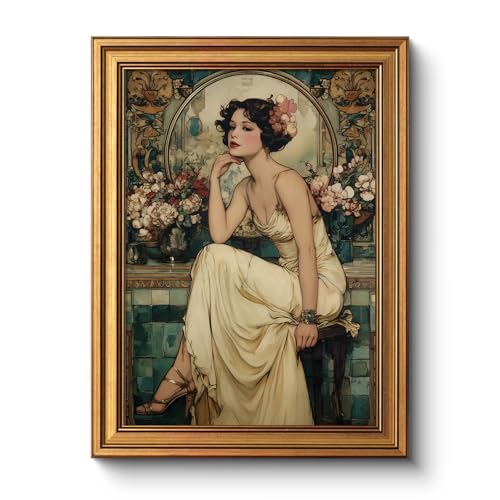 WHASAYART Vintage Woman Flower Painting with Gold Frame Wall Art 12x16 Inch, Retro 1920s Girl Painting Soft Pastel Tones Elegant Floral Background Art Print, Classic Living Room Bedroom Home Decor