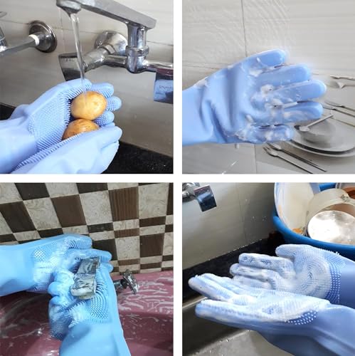 Image of UCRAVO Magic Dishwashing Cleaning Sponge Scrubbing Gloves Food Grade Silicone Dishwashing, Carwash, Pet Bathing, Multi-Purpose Cleaning Gloves Pet Bath Massage Gloves, Anti-Bite Hand Guard