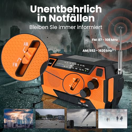 Extralink Kurbelradio Notfallradio mit Solar & Kurbel, Ladefunktion 4000 mAh mit integrierten Ladekabeln, FM/AM Radio, LED Taschenlampe & Leselicht, SOS Alarm - für Blackout, Camping & Outdoor – Bild 5