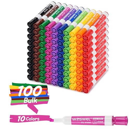 WOSWEL Dry Erase Markers, Chisel Tip Whiteboard Markers, Low Odor Thick Dry Markers, 100 Bulk 10 Assorted Colors for Kids/Teachers, Classroom, Office & Home Use