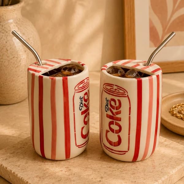 Image of OCEAN STORE Handmade Ceramic Diet Coke Can Fizz Sipper Mug with Stainless Steel Straw, 500 ml, Microwave & Dishwasher Safe (Set of 2)