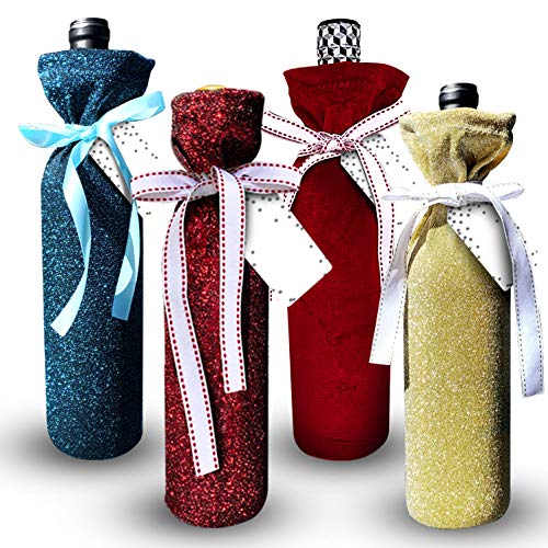 Deluxe Wine Bags- Velvet and Sparkle Stretch Fabric - Set of 4 with bows and gift tags | No more paper bags! Reusable & Ecofriendly - MAKE YOUR BOTTLE LOOK SPECIAL